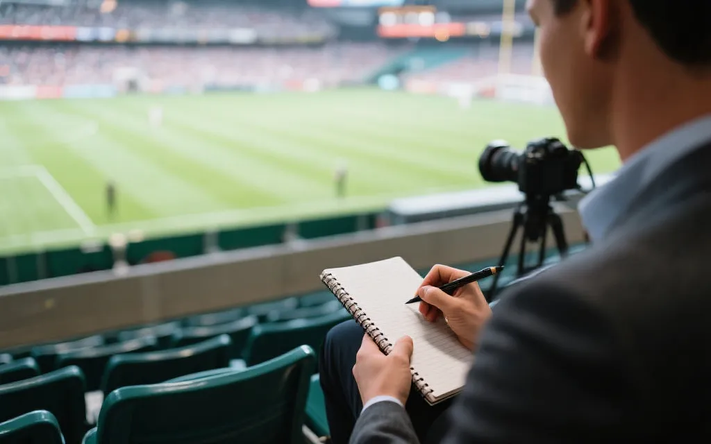 球探在看台上观察,记下潜力球员数据